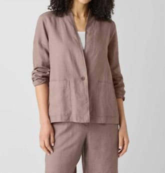 Eileen Fisher Organic Linen High Collar Jacket In Cocoa
