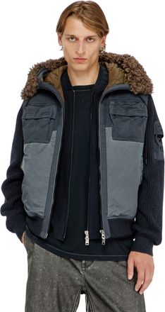 Diesel Hooded padded jacket with knitted sleeves - Winter Jackets - Man - Blue