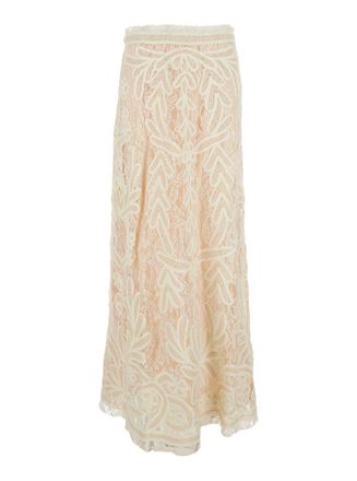 P.A.R.O.S.H. Beige Long Skirt With All-Over Lace Embroidery In Tech Fabric Woman