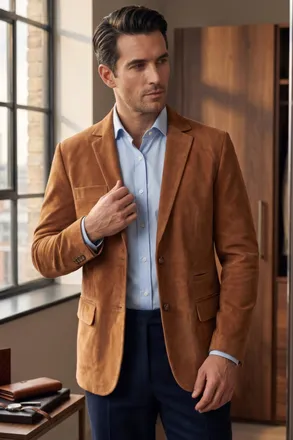 Infinity Leather Mens Italian Rust Suede Leather Blazer Jacket - Hollow