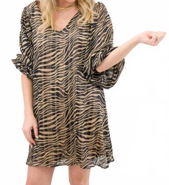 Adrienne Tiger Print Balloon Sleeve Mini Dress In Black Tan