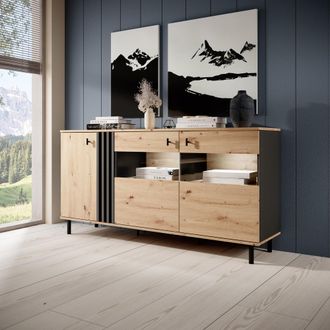 Dmora C&oacute;moda Hare, Buffet 3 Estantes, Puertas Batientes, 3 Puertas, 165x40x82h Cm Roble Marr&oacute;n Nudos