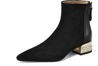 TinaCus Handmade Suede Leather Pointed Toe Back Zipper Chunky Rhinestone Heel Ankle Boots for Women, Black, 4.5 UK