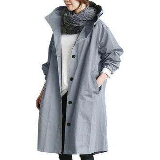 Generic Trench Coats for Women Lightweight Hooded Solid Long Sleeve Jacket Windproof Button Coats with Pocket Outdoor Windbreaker Jackets Hiking Walking Cycli