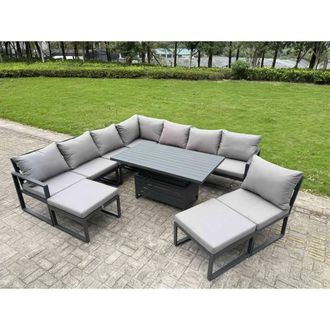 Fimous ALuminum 9 Piece Patio Set with Lifting Table, Cushions & 2 Big Stools in Dark Grey