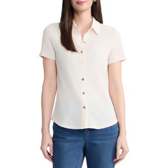 Jones New York Texture Short Sleeve Button-Up Shirt in White Sand at Nordstrom, Size X-Small