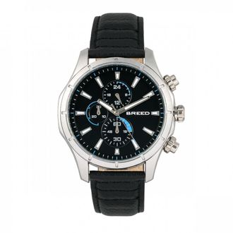 Breed Mens Lacroix Chronograph Leather-Band Watch - Black & Silver Stainless Steel - One Size