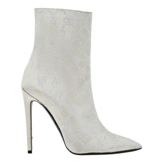 Philipp Plein Satijnen Laarzen Hoge Hakken Midden Monogram Strass - Dames - Laarzen met Hak - Beige - 36 EU - Satijn - Schoenen