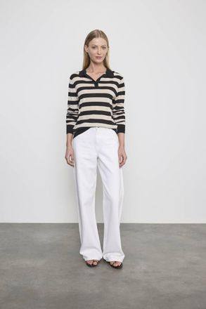 Enza Costa Stripe Silk Knit Polo In Black Wheat Stripes