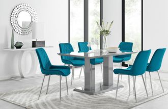 Furniturebox Imperia 6 Grey Dining Table & 6 Pesaro Silver Leg Chairs in Blue
