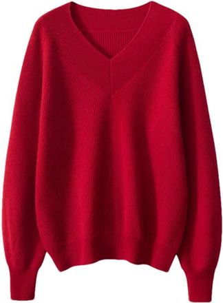 Generic Women V-Neck Cashmere Pullover Sweater Long Sleeve Casual Loose Simple Knitwear Jumper Top Red M