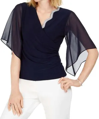 MSK Womens Embellished Chiffon Sleeve Top In Navy/blue