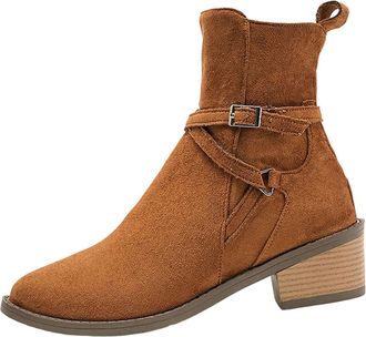 Generic Brown Female Ankle Boots Pointed Toe Side Zipper Chunky Heel Versatile for Daily Errands and Outdoor Fun