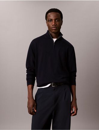 Calvin Klein Mens Merino Wool Quarter Zip Sweater - Blue - 2XL