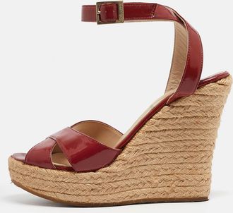 Jimmy Choo London Burgundy Patent Leather Phoenix Espadrille Wedge Sandals