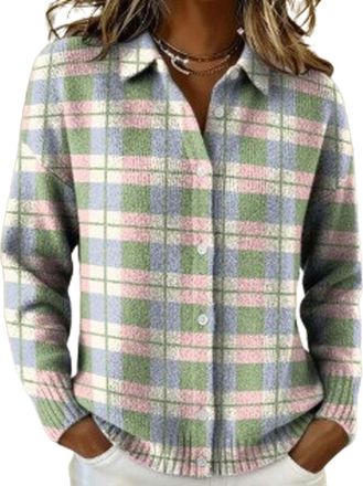 Generic Womens Plaid Print Casual Cotton Buttoned Cardigan Sweater, Plaid Knitted Cropped Cardigan Sweater Fall Winter Cardigans for Women Beige
