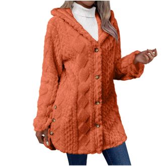 Generic Womens Jackets Sherpa Fleece Hooded Open Front Cardigans Ladies Fall Winter Warm Long Sleeve Coat Jacquard Button Casual Loose Hoodies Side Slit Plain
