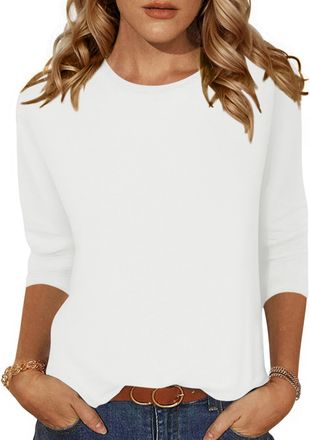 Zeagoo Blouses for Women Crew Neck 3/4 Sleeve Tops Casual Basic T Shirts Summer White XL