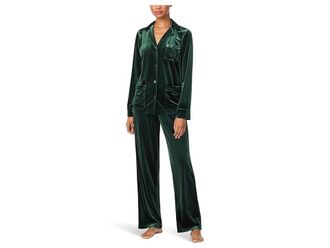 Lauren Ralph Lauren Long Sleeve Velvet Notch Collar Long PJ Set Womens Pajama Sets Green : LG (US 12-14), Velvet/Spandex/Polyester