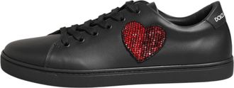 Dolce & Gabbana Black Leather Crystal Heart Sneakers Womens Shoes