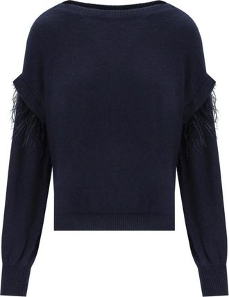 Twinset Angora trui met veren - Dames - Ronde hals truien - Blauw - XS - Truien & Vesten