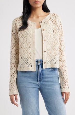 Bobeau Diamond Floral Crochet Button Front Cardigan in Oatmeal at Nordstrom, Size X-Large