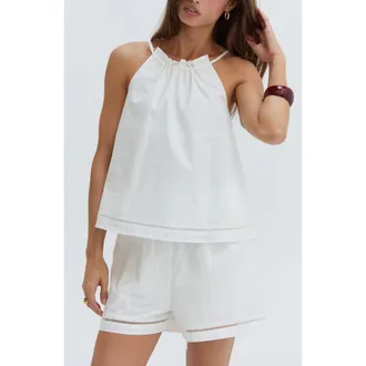 Crescent Poplin Lattice Trim Halter Top in White at Nordstrom, Size Medium