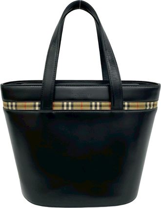 Burberry Beige Black Leather Handbag Tote Bag (Pre-Owned)