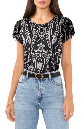 Vince Camuto Flutter Sleeve Mesh Top in Rich Black at Nordstrom, Size X-Large