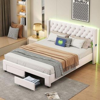 OEM Cama 160x200 Cm - 240704hxf - Terciopelo Beige - Led Integrada - Cajones De Almacenamiento