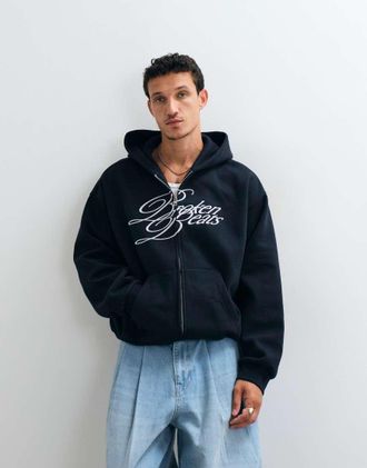 Weekday Felpa con cappuccio oversize blu navy con zip e ricamo di battiti