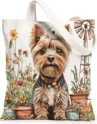 Generic Spring Yorkie Dog Canvas Tote Bag for Shopping 13x15, Farmhouse Country Puppy Reusable Grocery Print Bag for Women, Farm Pet Beach Aesthetic Painting 