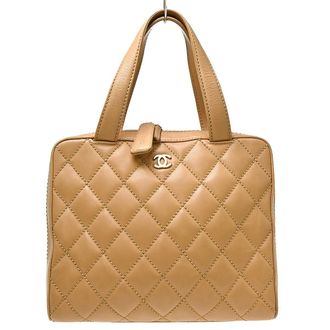 Chanel Surpique Zip Around Satchel Quilted Leather Beige Leather Handbag (Pre-Owned)