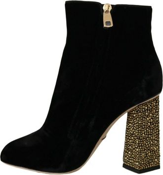 Dolce & Gabbana Womens Black Velvet Crystal Square Heels Shoes Silk