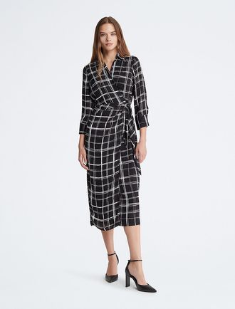 Calvin Klein Womens Wrap Plaid Maxi Dress - Black - 10