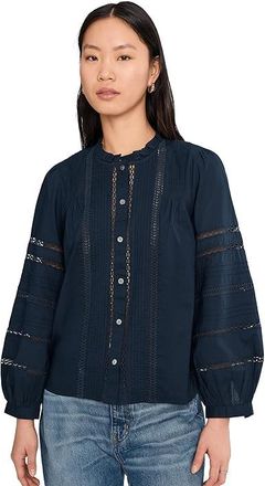 Madewell High-Neck Lace-Insert Pintuck Top Womens Clothing Classic Navy : LG (Womens 10-12), Cotton