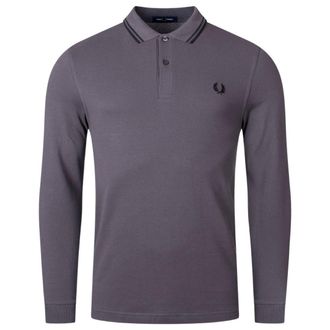 Fred Perry Herenpolo met dubbele kraag en lange mouwen (Gunmetal Grijs)