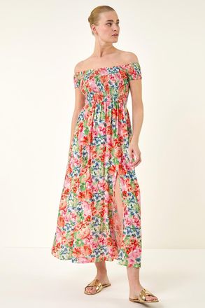 Roman Floral Print Bardot Shirred Midi Dress