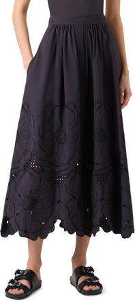 Akris Flower Eyelet Cotton Poplin Midi Skirt in Black at Nordstrom, Size 12