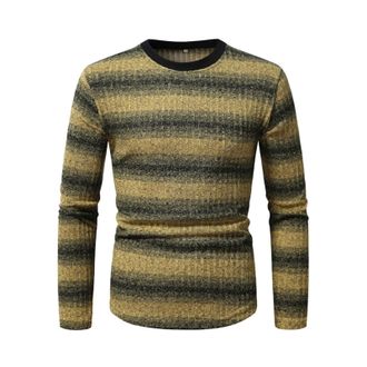 Generic DENGJIAMY Mens Striped Tshirts Color Block Long Sleeved Shirt Outdoor Fashion Clothes Crewneck Basic Tops Fall Tees for Men (Yellow, L)