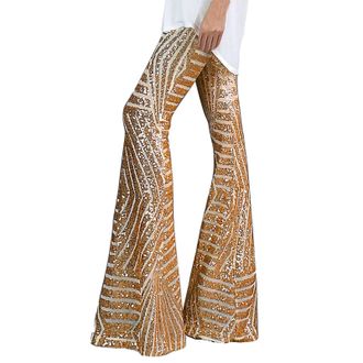 Generic Womens Sequin Flared Trousers Elasticated High Waist Wide Leg Trousers Skiny Glitter Bootcut Pants Sparkly Bootleg Pant Elegant Palazzo Trouser Lounge