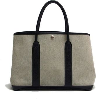 Herm&egrave;s Black Gray Toile H Leather Handbag Tote Bag (Pre-Owned)