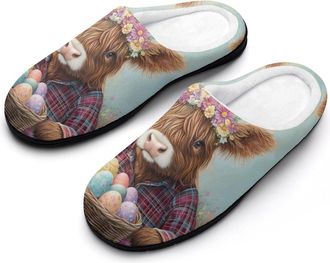 Generic Highland Cow Easter Eggs Womens Slippers Warm House Slippers Indoor House Shoes with Anti-Skid Rubber Sole