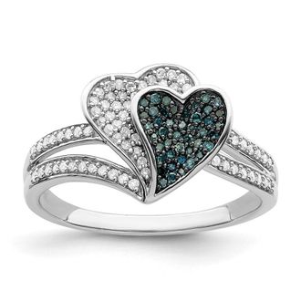 Diamond2Deal Sterling Silver Rhodium-plated Blue and White Diamond Hearts Engagement Ring