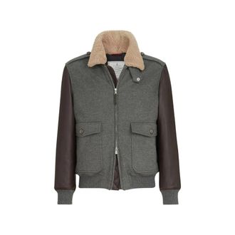 Brunello Cucinelli Bonded Cashmere Beaver Cloth And Nappa Leather Bomber Jacket With Thermore Padding And Detachable Shearling Collar