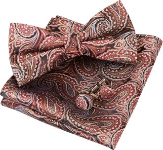 Alizeal Mens Paisley Retro Pre-tied Bow Tie Set Classic Party Wedding Bowtie, Pocket Square and Cufflinks Set, Coffee+Rust