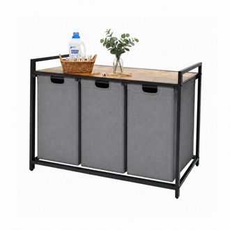 Relaxdays Relaxdays Cesto Ropa Sucia 3 Sacos, 150 L, Estante Madera, 73,5x109,5x33 Cm, Gris/natural