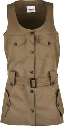 Miu Miu Korte wollen jurk met knopen en zakken - Dames - Korte kleedjes - Beige - S - Wol - Kleedjes