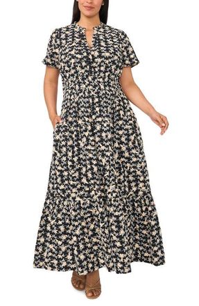 CeCe by Cynthia Steffe Embroidered Split Neck Tiered Cotton Maxi Dress in Rich Black at Nordstrom, Size 1X