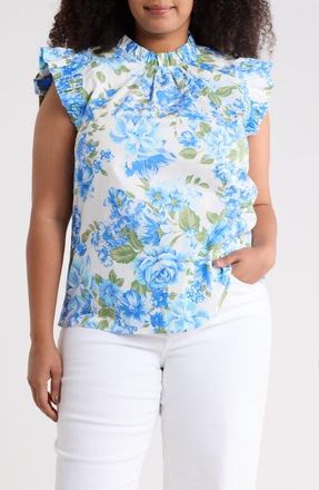 Sugarlips Truth Be Told Floral Print Sleeveless Top in Blue-Cream at Nordstrom, Size 3X